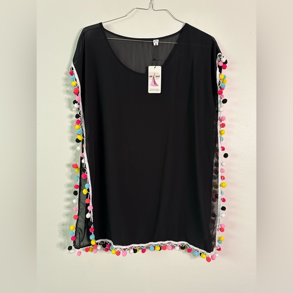 Other - GD Key NWT women’s swim cover Sz S/M Black Sheer Scoop Neck with Pompom trim.